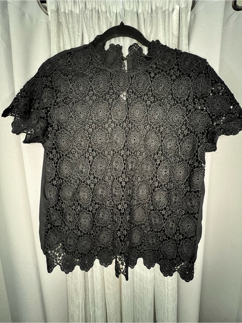 WhoWhatWear Black Floral Crochet Lace Mock Neck Blouse Size Large